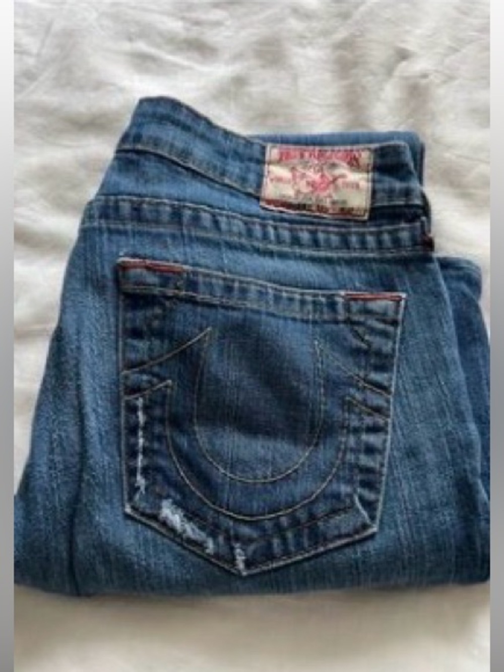 True Religion Medium Blue Boot Cut Jeans with Signature Stitching